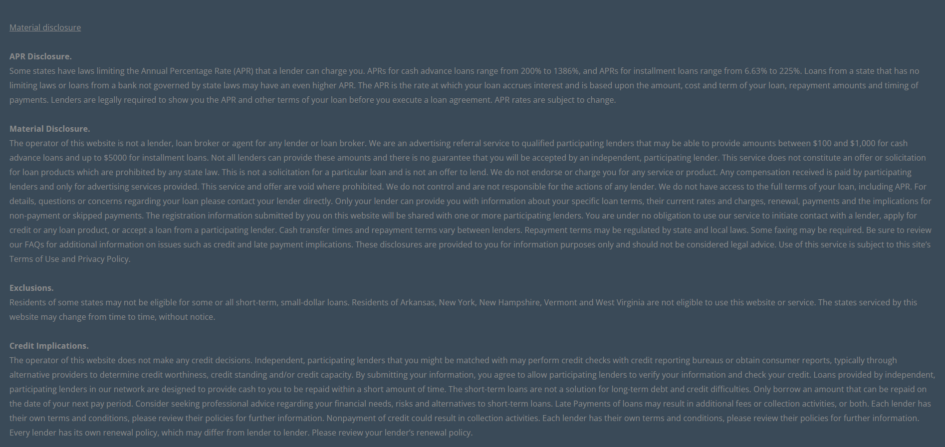 Material disclosure for payday loans in Miami Gardens Florida